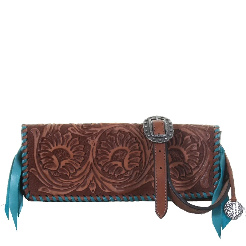 BCH49 - Sunflower Tooled Pecan Vintage Buckle Clutch