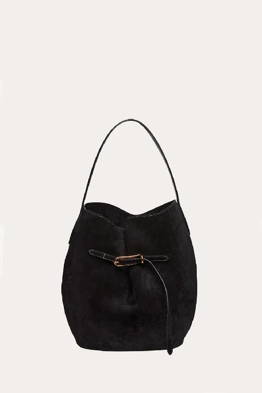 Belted Bucket Bag Large Black Suede