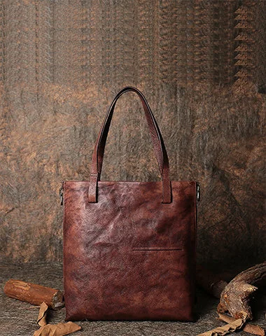 Best Coffee Leather Womens Vertical Tote Handbag Handmade Vintage Tote Shoulder Purse for Ladies