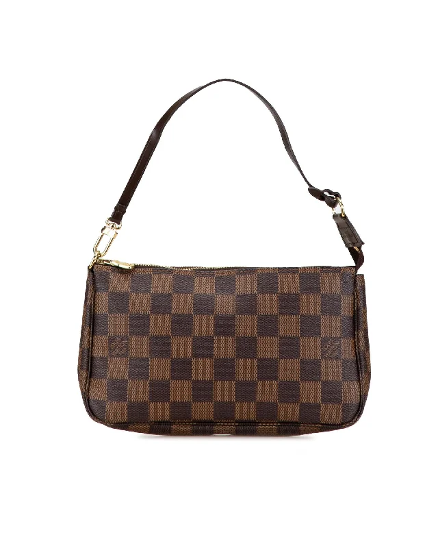 Damier Ebene Canvas Pochette with Leather Strap and Top Zip Closure