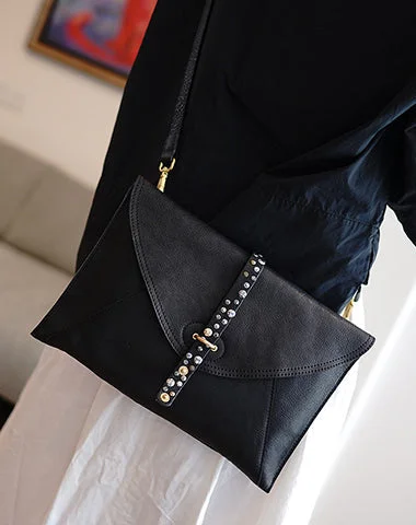 Black Envelope Leather Shoulder Bag Large Clutch Women Crossbody Purse for Women