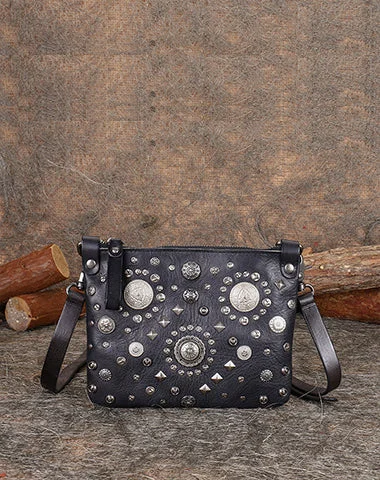 Black Leather Womens Rivets Shoulder Bags Saddle Vintage Slim Crossbody Purse for Women