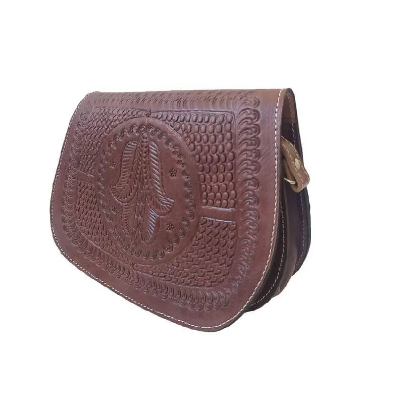 Brown Leather Cross Body Bag with Hamsa Engraving