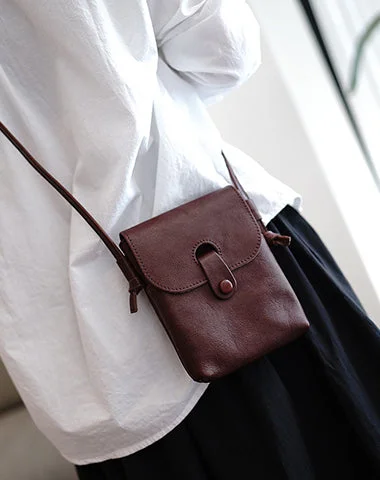 Classic Coffee Leather Small Phone Shoulder Bag Women Vertical Crossbody Bag for Women