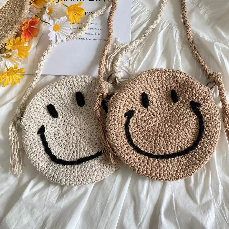 Elena Handbags Crochet Smiley Face Round Bag