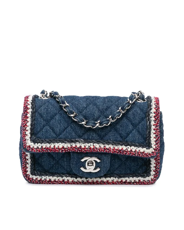 Mini Rectangular Classic Tweed Trim Quilted Denim Shoulder Bag