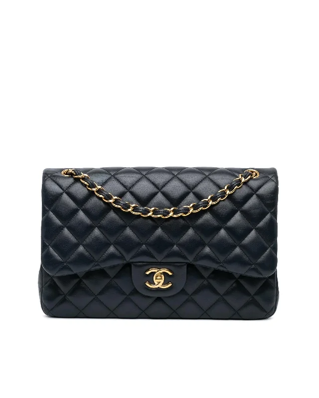 Quilted Lambskin Double Flap Shoulder Bag with Chain Straps and Turn-Lock Closure