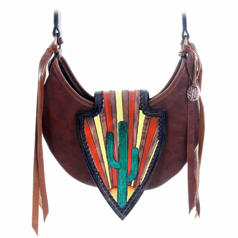 HMH16 - Tooled Cacti and Painted Half Moon Hobo Bag