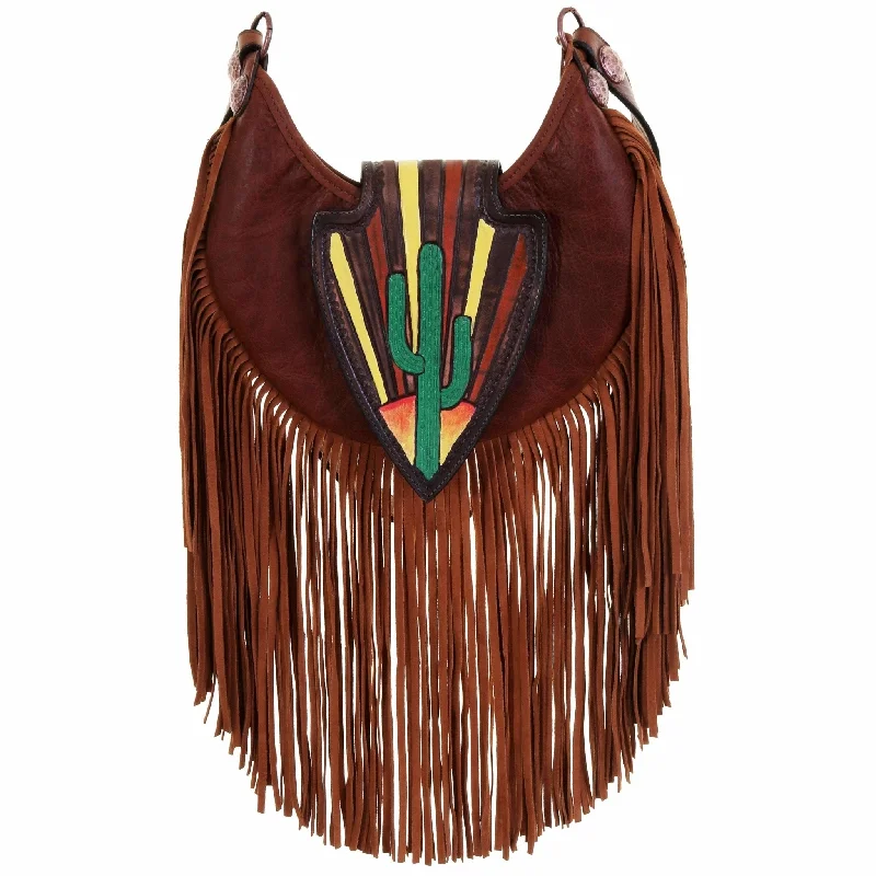 HMH18 - Tooled Cacti and Painted Half Moon Hobo Bag w/Fringe