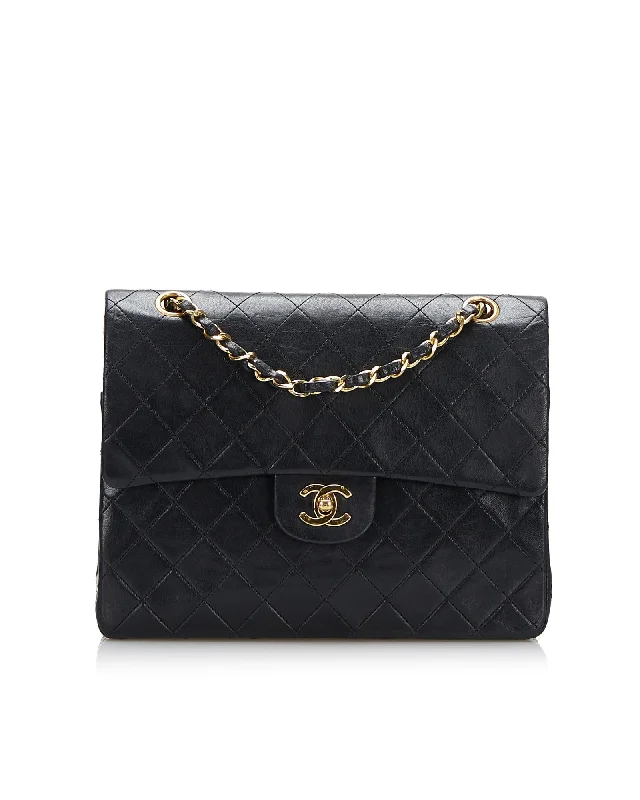 Medium Tall Classic Lambskin Double Flap Shoulder Bag with Quilted Leather and Chain Straps