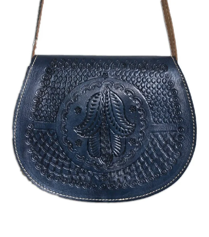 Leather Black Cross Body Bag with Hamsa Engraving