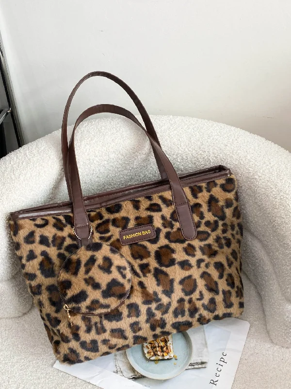 Large Leopard Faux Fur Tote Bag Women Zip with Coin Purse Shoulder Bags