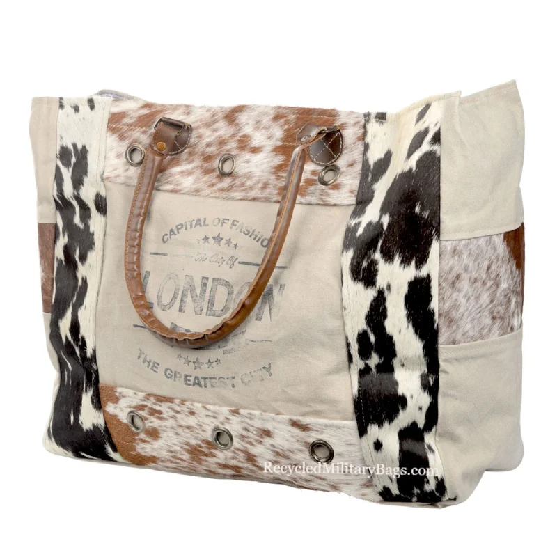 London Weekender Sustainable Canvas and Cow Hide Large Travel Tote Bag - Style, Class and Function!