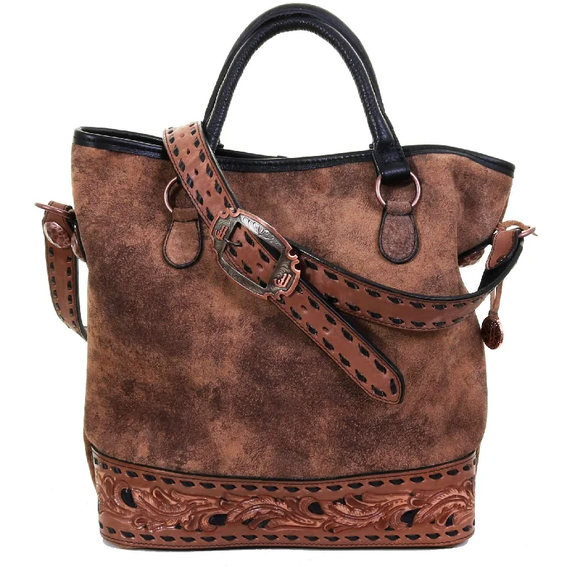 MST45 - Pecan Vintage Tooled Buck Stitched Messenger Tote