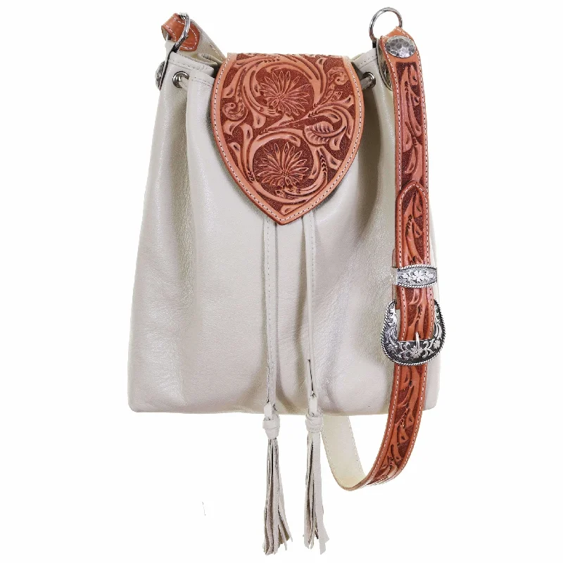 MST46 - Egg Shell Daisy Tooled Drawstring Messenger Tote