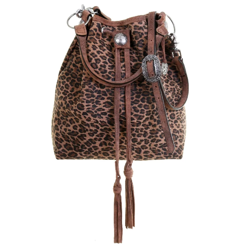 MST58 - Cheetah Tan Suede Print Drawstring Messenger Tote