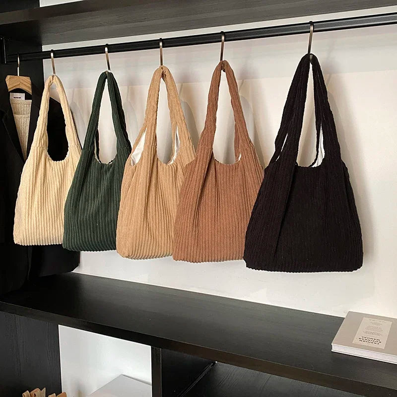 Soft Large Corduroy Handbags Women Snap Casual Style Tote Handbags