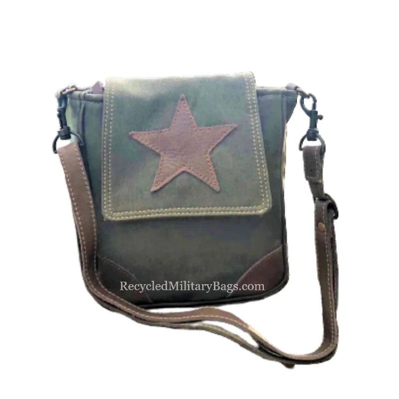 Small Green Crossbody Bag with Leather Star Purse   ~  Great Gift for Army Mom Wife or Veteran