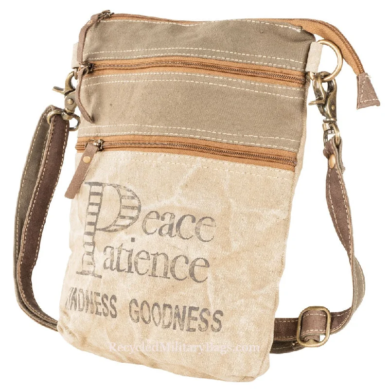 Peace & Patience Sustainable Canvas Bag Crossbody Purse ~ 2 Zip Front Pockets ~ Perfect Gift