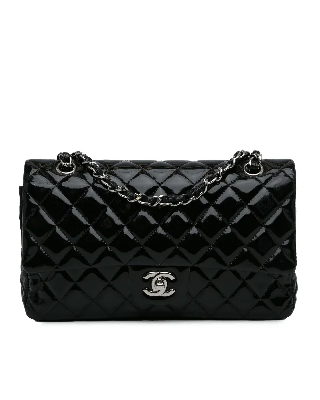 Quilted Patent Leather Double Flap Shoulder Bag