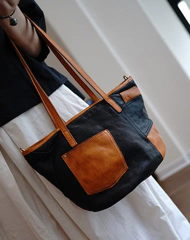 Vintage Black Leather Stitching Style Shoulder Tote Women Tote Handbag for Women