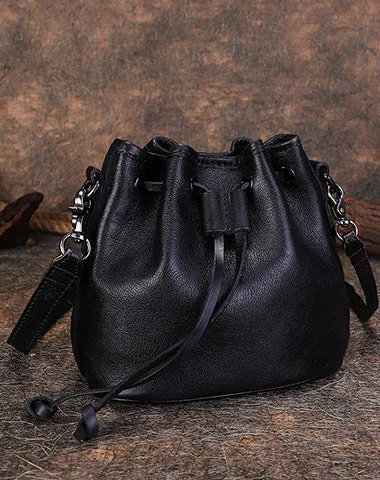 Vintage Black Leather Womens Bucket Shoulder Bags Bucket Crossbody Purse for Women