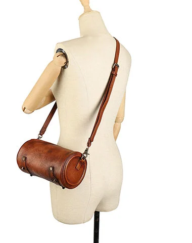 Vintage Brown Leather Womens Barrel Shoulder Bag Bucket Crossbody Purse for Women