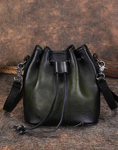 Vintage Green Leather Womens Bucket Shoulder Bags Bucket Crossbody Purse for Women