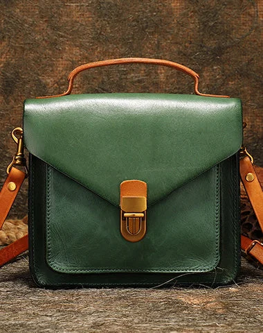 Vintage Green Leather Womens Square Satchel Shoulder Bags School Crossbody Purse for Women