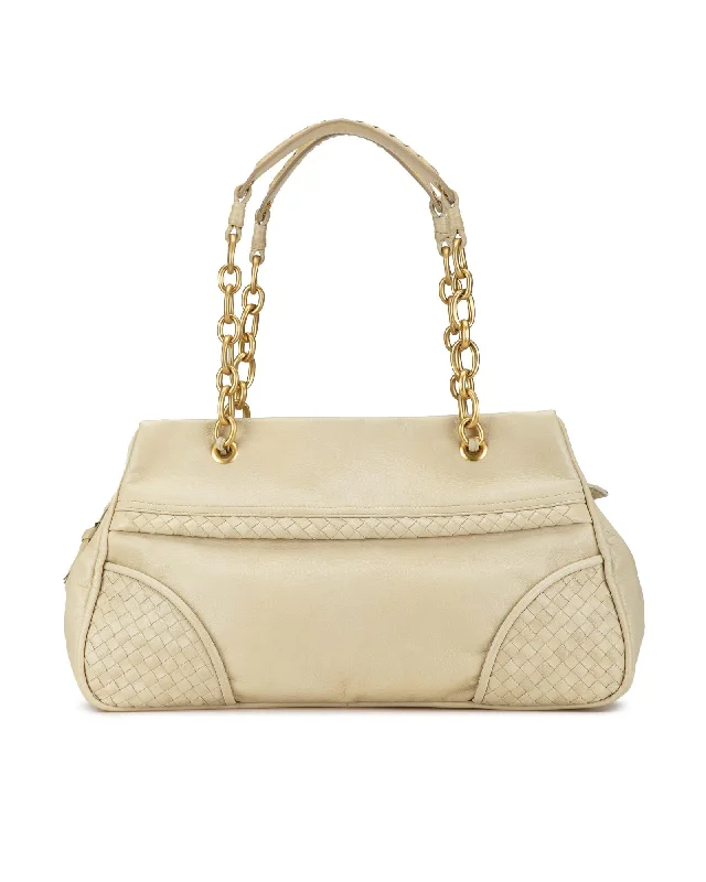 Intrecciato-Trimmed Leather Shoulder Bag with Curb Chain Straps