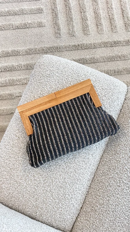 Zoey Thin Stripe Timber Frame Clutch - Black