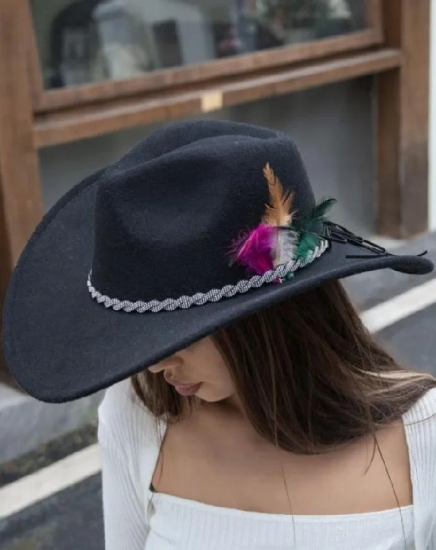 H3446 Felt Cowboy Hat With Rhinestone Brim and Feathers