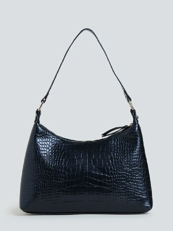 LOV Black Croc-Textured Shoulder Bag