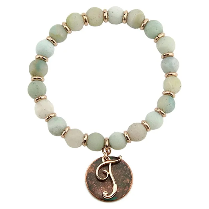 AB8654-TAMT2   27" Rose Gold Tone & Patina 'T' Semi Precious Bead Stretch Bracelet