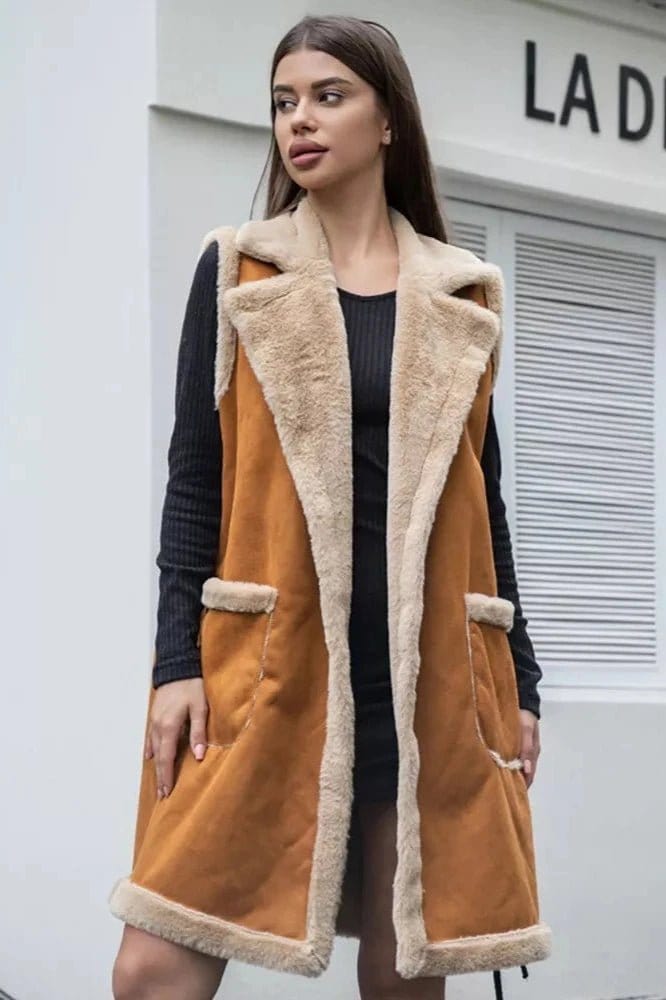 P6161 Kristina Faux Fur Trim Vest With Pockets