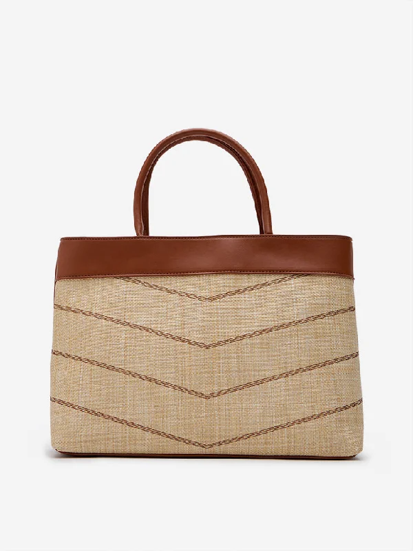 Westside Beige & Brown Jute-Textured Hand Bag