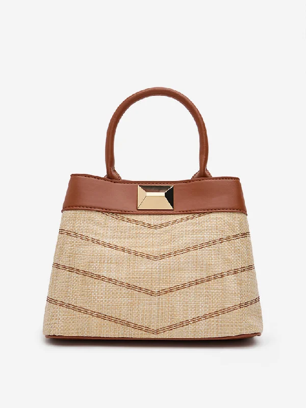 Westside Beige & Brown Jute-Textured Hand Bag