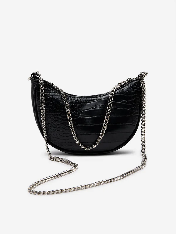 Women Accessories Black Textured Crescent Sling Bag