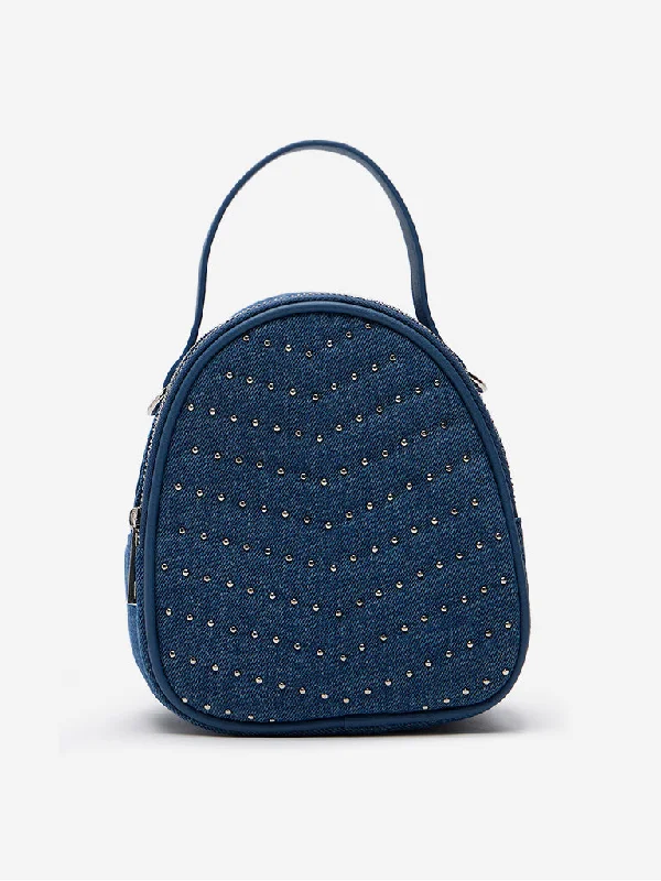 Women Accessories Blue Embellished Denim Backpack