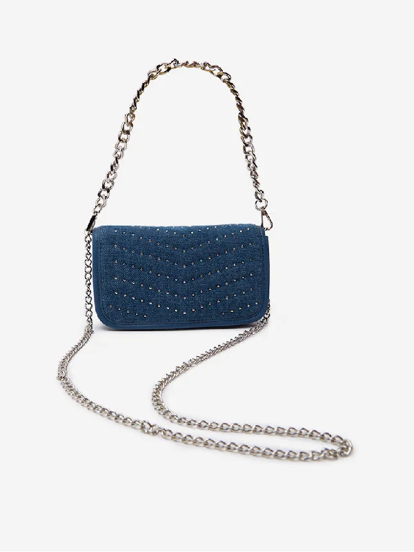 Women Accessories Blue Embellished Denim Sling Bag