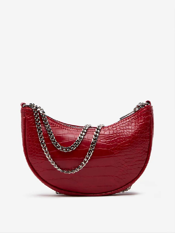 Women Accessories Red Textured Crescent Sling Bag