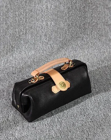 Womens Black Leather Mini Doctor Handbag Purses Classic Black Doctor Crossbody Purses for Women